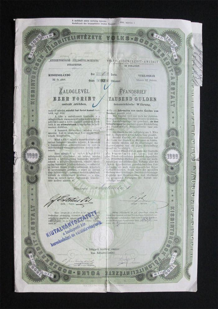 Kisbirtokosok Fldhitelintzete zloglevl 1000 forint 1875